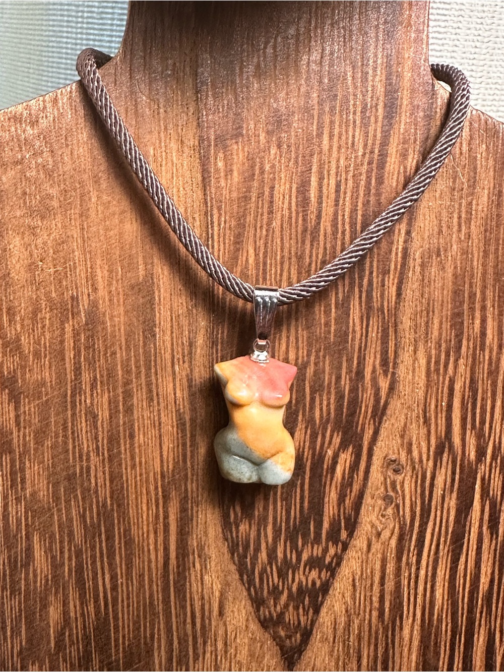 Multicolor Mini Agate Body Carving Pendant Necklace on Brown Rope - Picture 8 of 16